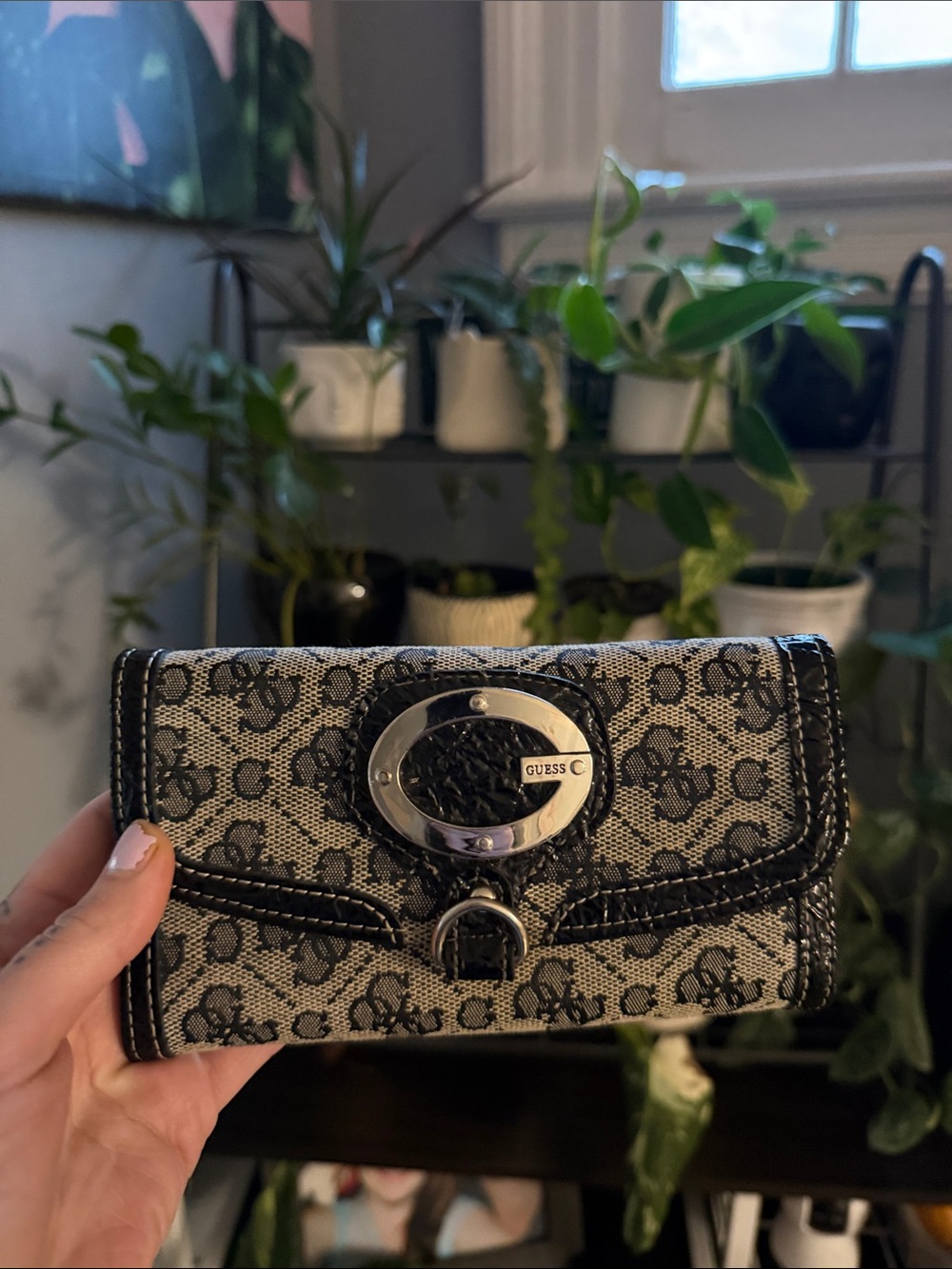 GUESS gray and Black Signature Continental Wallet with Silver Hardware